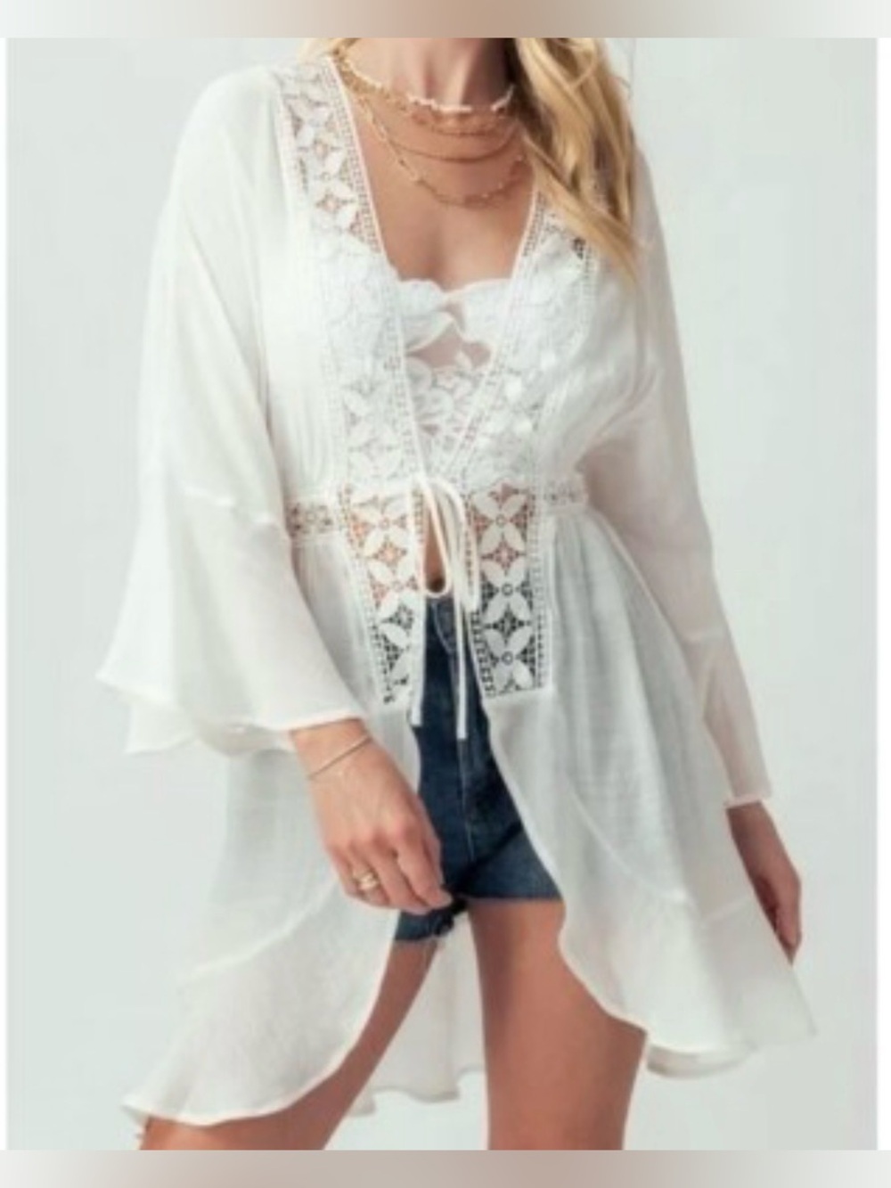 White Lace Crochet Kimono Cover-Up